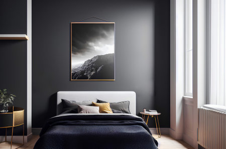 Glamor bedroom interior with dark bed and gray wall. Poster frame with mockup and copy space. Generative AIの素材
