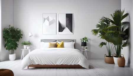 Contemporary bedroom interior with white wall and double bed. Poster in frame on the wall. plant. Generative AIの素材
