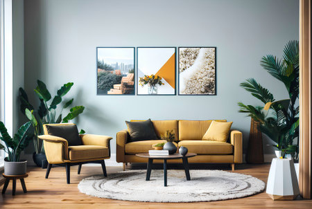 Spacious living room with yellow sofa, armchair and mockup postres frame on wall. Generative AIの素材
