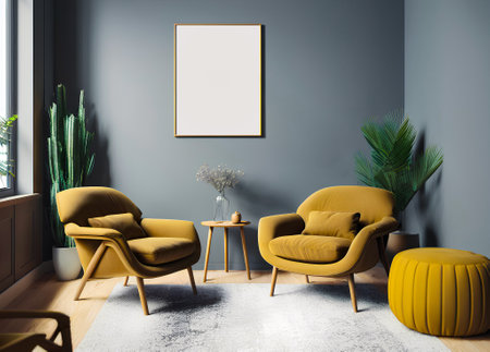 Modern living room with two yellow mustard armchairs and painting in frame on gray wall. Copy space and mockup. Generative AIの素材