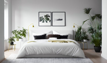 Contemporary bedroom interior with white wall and double bed. Poster in frame on the wall. plant. Generative AIの素材