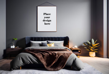 Elegant bedroom interior with dark and gray wall. Poster frame with mockup and copy space.の素材