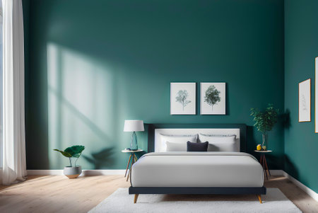 Contemporary bedroom interior with bed and green wall and mockup poster with copy space. Generative AIの素材