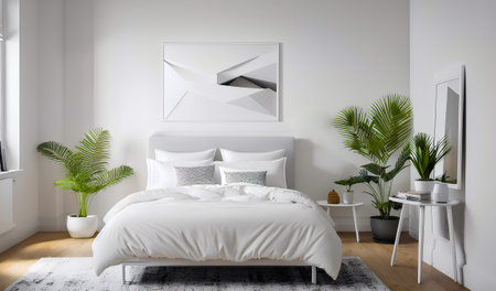 Simple bedroom interior with white wall and double bed. Poster in frame on the wall. plant. Generative AIの素材
