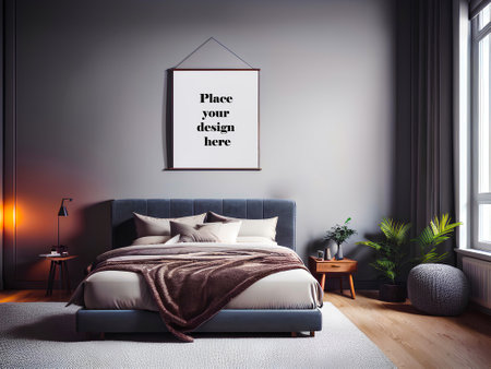 Dark gray bedroom interior with double bed and bedding. Cushions, pillows, frame on the wall with copy space. Generative AIの素材