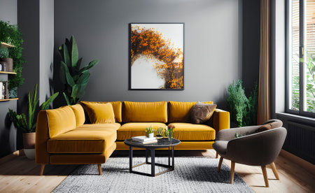 Spacious living room with yellow corner sofa and mockup postres frame on wall. Generative AIの素材