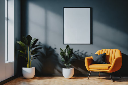 Cozy interior with yellow armchair, pillow, plants, wooden floor and empty poster in frame with mockup on blue wall. Generative AI.の素材