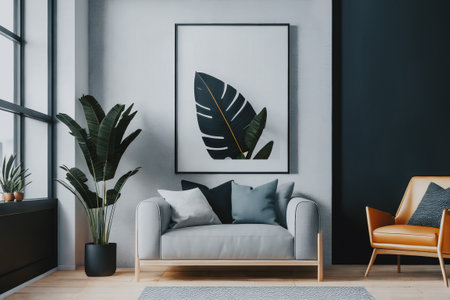 Stylish interior with sofa, armchair, rug, plant, window, wooden floor and empty poster in frame with copy space. Generative AI.の素材