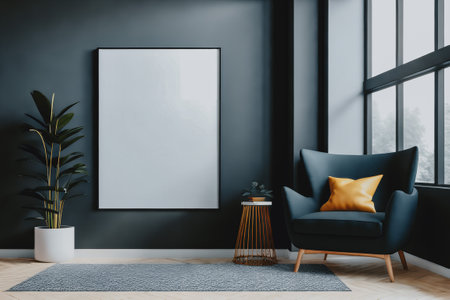 Modern interior with blue armchair, yellow pillow, plant, rug, table, wooden floor and window. Empty poster in frame with copy space Generative AI.の素材