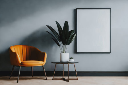 Modern interior with orange armchair, table, plant and empty poster in frame with copy space on blue wall. Generative AI.の素材