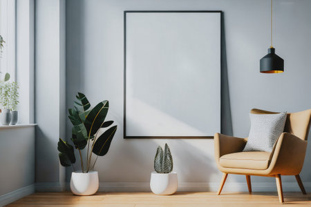 Modern interior with yellow armchair, pillow, plant, lamp, window, wooden floor. Empty poster in frame with copy space Generative AI.の素材
