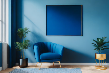 Blue interior with armchair, rug, window, plants, wooden floor and empty poster in frame with mockup. Generative AI.の素材