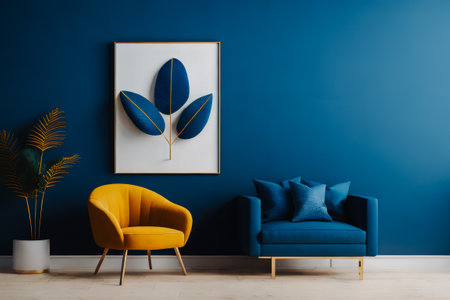 Modern room with yellow chair and blue sofa , pillows, plant, wooden floor. Empty poster in frame with copy space on blue wall. Generative AI.の素材