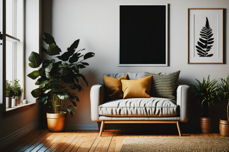 Cozy interior with armchair, pillows, plants, window, wooden floor, rug and empty poster in frame with mockup. Generative AI.の素材