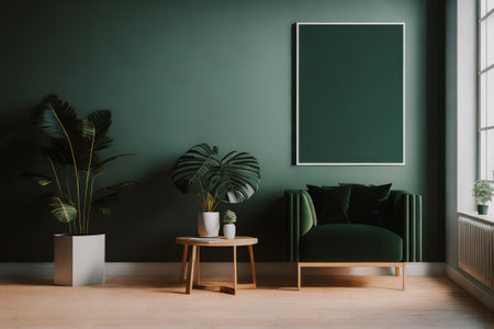 Green interior with armchair, pillows, table, plants, window, wooden floor and empty poster in frame with mockup. Generative AI.の素材