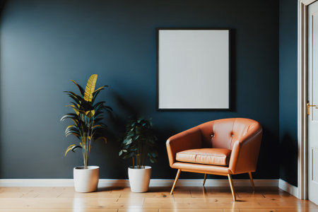 Stylish interior with armchair, plants and wooden floor. Empty poster in frame with copy space on blue wall. Generative AI.の素材