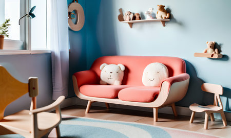 Kid's interior with red sofa, chair, rug, blue walls and window. Generative AI.の素材
