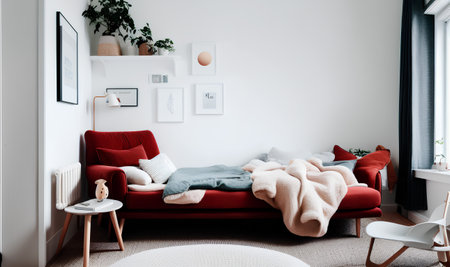 Modern Interior with red bed and wooden table. Copy space. Generative AI.の素材