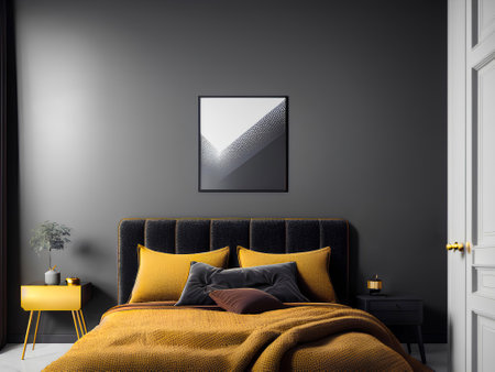 Modern bedroom with yellow bed, table, pillows and empty poster in frame with mockup on dark wall. Generative AI.の素材