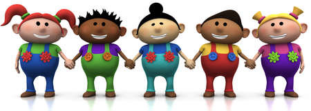 five colorful multi-ethnic cartoon kids holding hands -  3d rendering/illustration