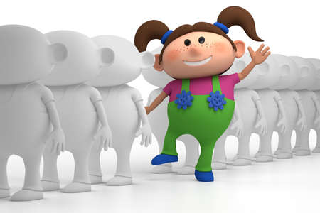 colorful little girl standing out from the crowd - high quality 3d illustration