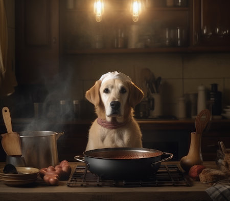 A dog in a chef's suit cooks in a restaurant. Generative AIの素材