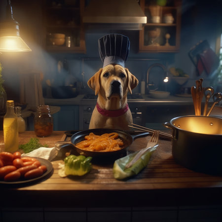 A dog in a chef's suit cooks in a restaurant. Generative AIの素材