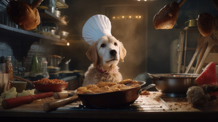 A dog in a chef's suit cooks in a restaurant. Generative AIの素材