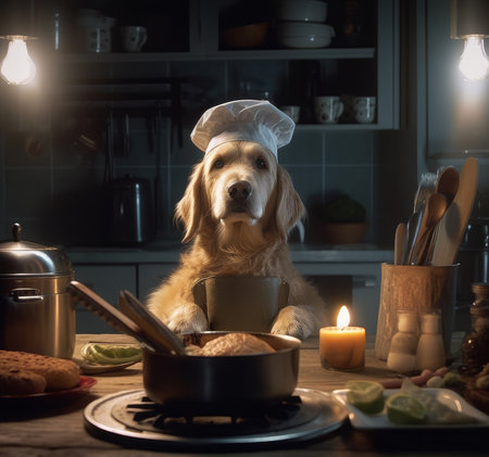 A dog in a chef's suit cooks in a restaurant. Generative AIの素材