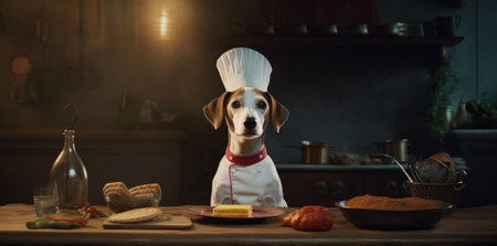 A dog in a chef's suit cooks in a restaurant. Generative AIの素材