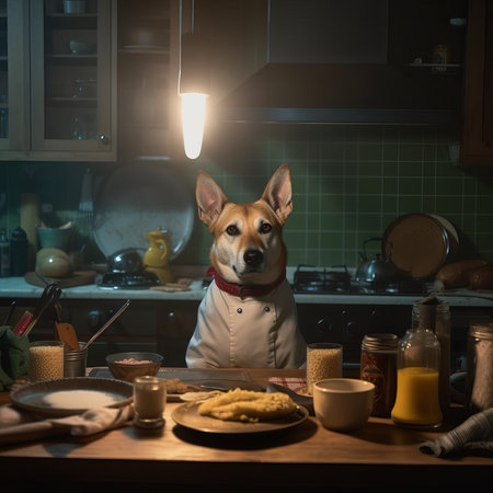 A dog in a chef's suit cooks in a restaurant. Generative AIの素材