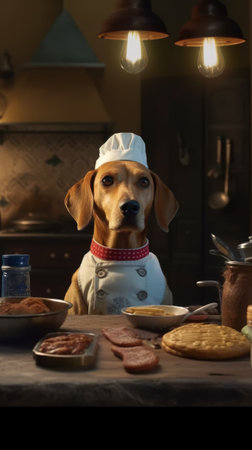 A dog in a chef's suit cooks in a restaurant. Generative AIの素材