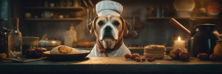 A dog in a chef's suit cooks in a restaurant. Generative AIの素材