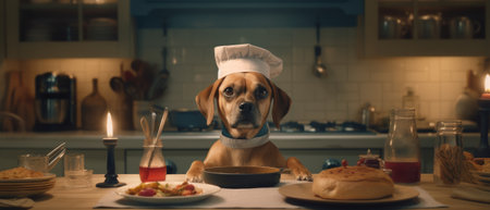 A dog in a chef's suit cooks in a restaurant. Generative AIの素材
