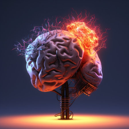 Brain split in half, biological brain, computer components. Generative AIの素材