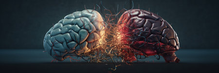 Brain split in half, biological brain, computer components. Generative AIの素材