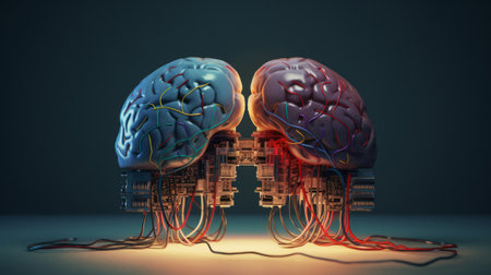 Brain split in half, biological brain, computer components. Generative AIの素材