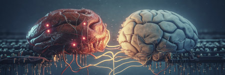 Brain split in half, biological brain, computer components. Generative AIの素材