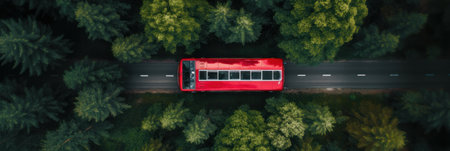Top view of a red tourist bus on the road. Generative AI Generative AIの素材
