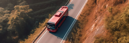 Top view of a red tourist bus on the road. Generative AI Generative AIの素材