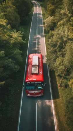 Top view of a red tourist bus on the road. Generative AI Generative AIの素材