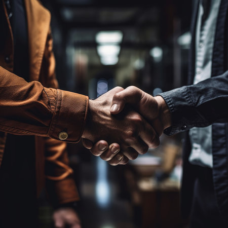 Businessman shakes hands with a person, the concept of business meeting and partnership. Generative AIの素材