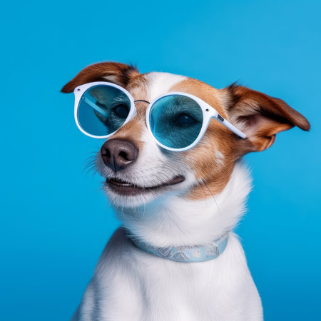 Cute dog in sunglasses with blue background. Generative AIの素材
