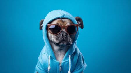 Cute dog in sunglasses with blue background. Generative AIの素材