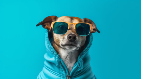 Cute dog in sunglasses with blue background. Generative AIの素材