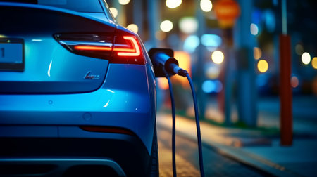Electric car connected to a charging station. Generative AIの素材