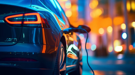 Electric car connected to a charging station. Generative AIの素材