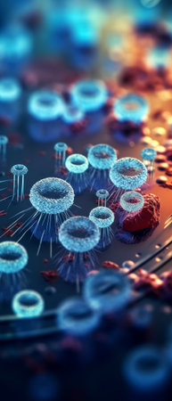 Close-up detail of bacteria and viruses at the microscopic level. Generative AIの素材