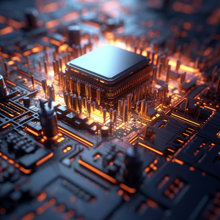 Close up of micro circuit board, complex electronic components and paths. Generative AIの素材