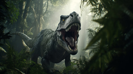 The ferocious dinosaur Tyrannosaurus rex wanders through the lush and bright forest. Generative AIの素材